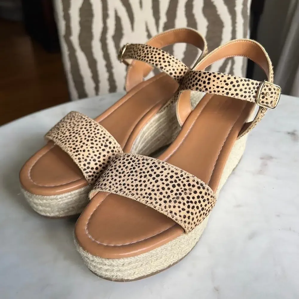 NWOT J Crew Leather Calf Hair Leopard Print Platform Wedges Espadrille Sandals